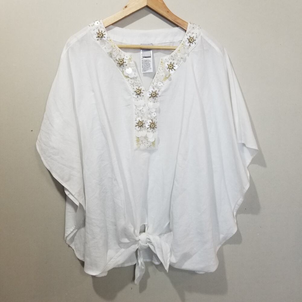 Chicos Tunic Top Womens 16/18 White Linen Cotton Beaded Sequin Tie Front Poncho